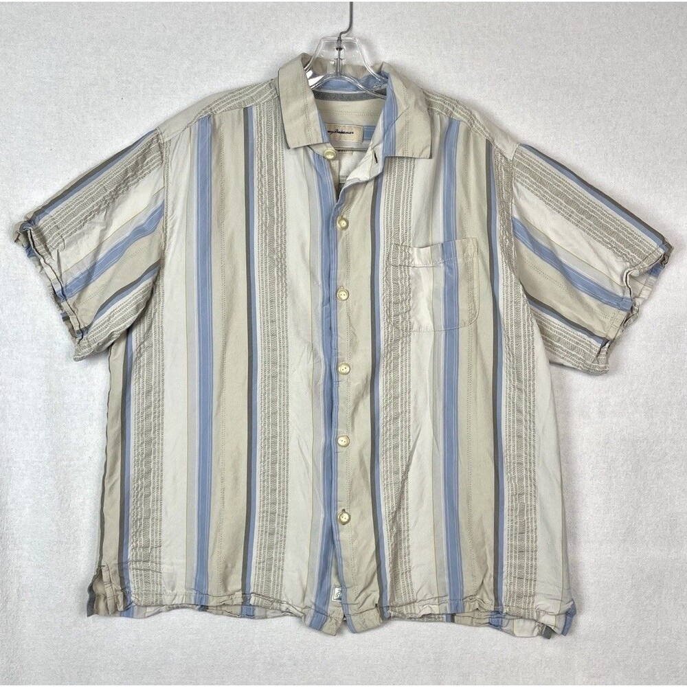 Tommy Bahama Mens Large Button Up Shirt Silk Tencel Striped Camp Vacation Cruise